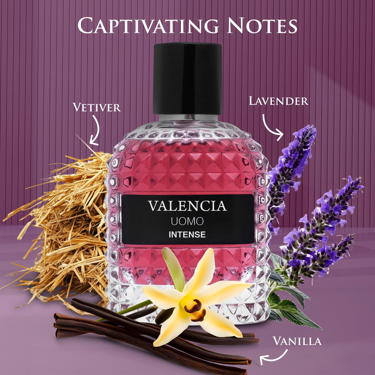 Valencia UOMO Intense for Men Eau De Parfum - Amber Fougere Fragrance Top Notes of Vanilla Bourbon Mid Tone of Lavandin Create Spicy & Woody Aroma - Base Scent of Smoked Vetiver Elegant 100ml Bottle