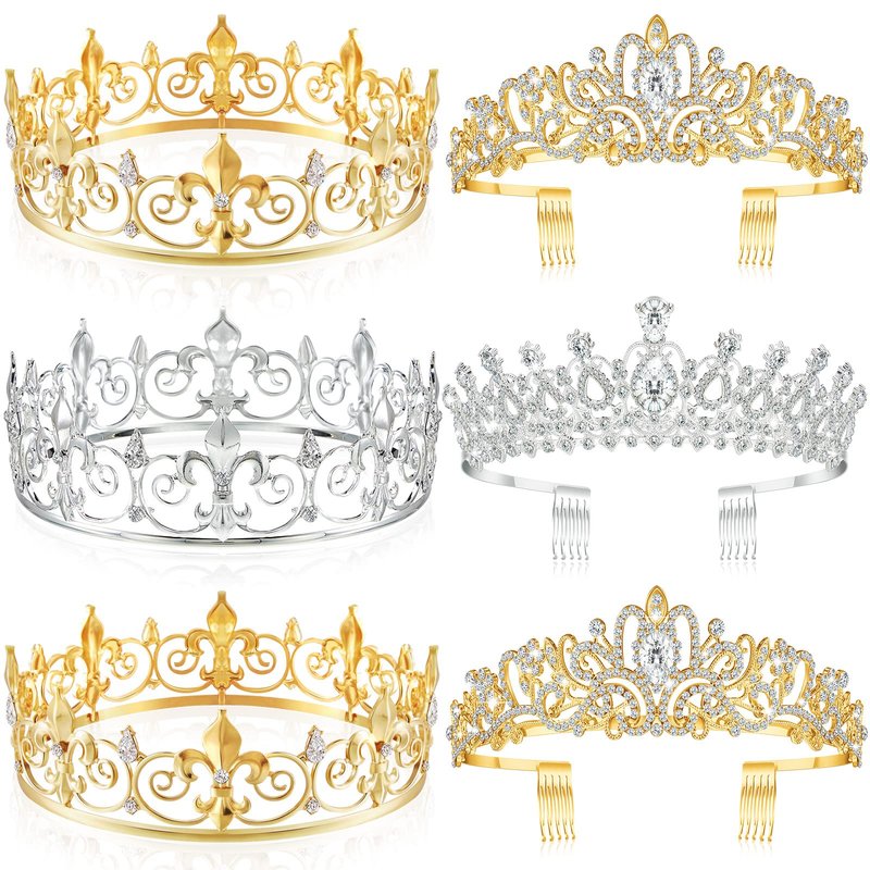 Juexica 6 Pieces Prom King Crown Metal Baroque King and Queen Prince Princess Crystal Headband Tiara Crown Wedding Bridal Accessories for Women Men(Gold, Silver, Elegant Style)