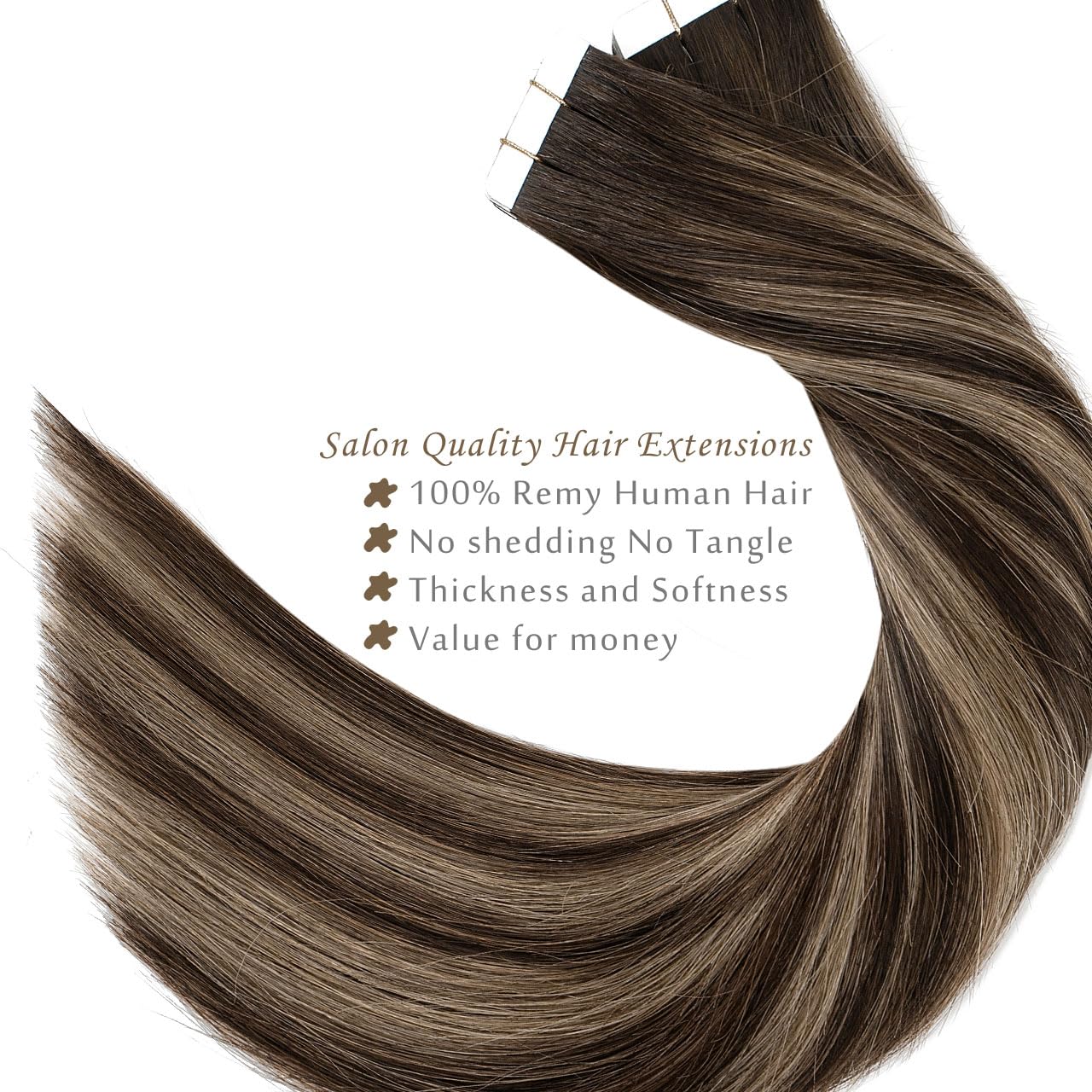 Lacer Dark Brown Tape in Hair Extensions Human Hair 18 Inch Rooted Dark Brown to Chestnut Brown Highlight Silky Straight Seamless Double Sided Tape in Extensions 50g 20pcs