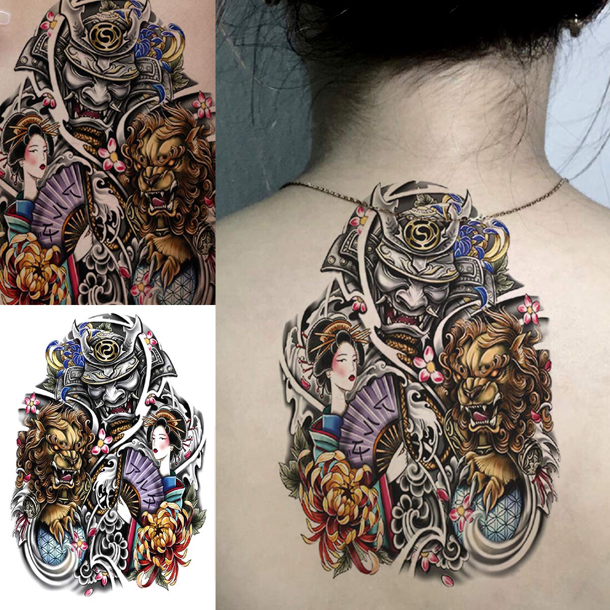Oottati 6 Sheets Arm Fake Waterproof Temporary Tattoos Stickers Colorful Japanese Prajna Tiger Panda Lotus Koi Carp Samurai