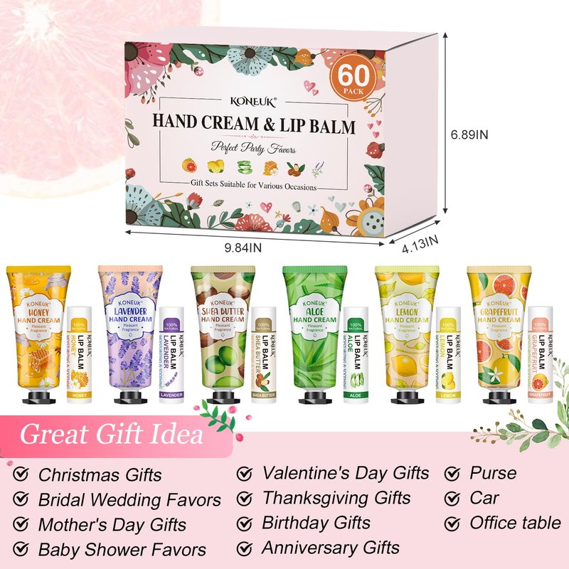 KONEUK 60 Pack Hand Cream Bulk and Lip Balm Bulk Sets, Mothers Day Gifts and Bridal Shower Gift for Guests, Teacher Appreciation Gifts, Nurses Week Gift, Birthday Gift, Small Gifts for Women