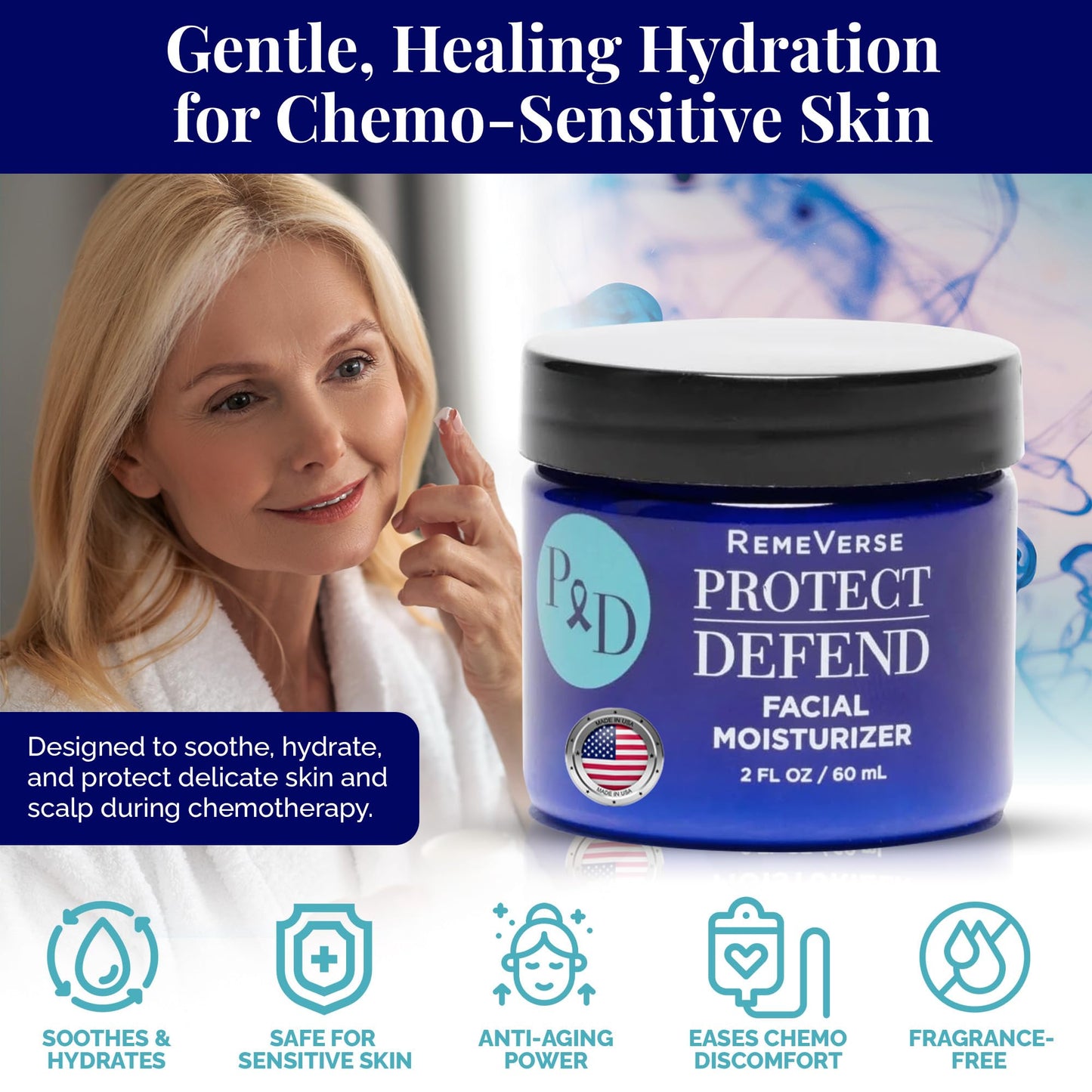 RemeVerse Protect & Defend Facial Moisturizer for Sensitive Skin During Chemoteraphy - Skin Hydration & Gentle Face Cream w/Hyaluronic Acid, Peptides, Glycerin, Collagen - Made in USA - 2 oz