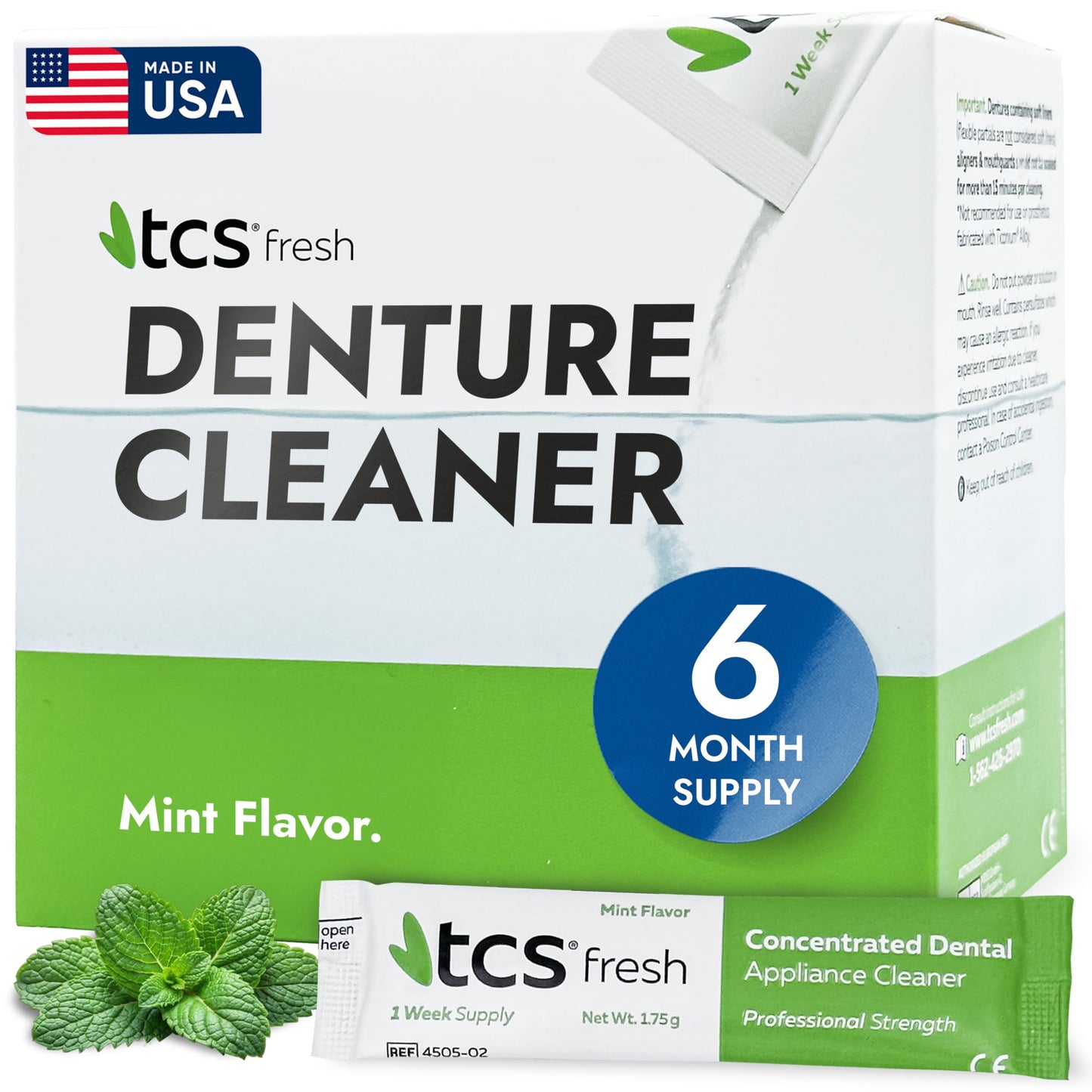 TCS Fresh Denture Cleaner – Professional Strength Concentrated Cleanser Mint Powder for Dental Cleaning – For Dentures, Night Guards, Aligners & Retainer Cleaner – 24 Packets (6 Month Supply)