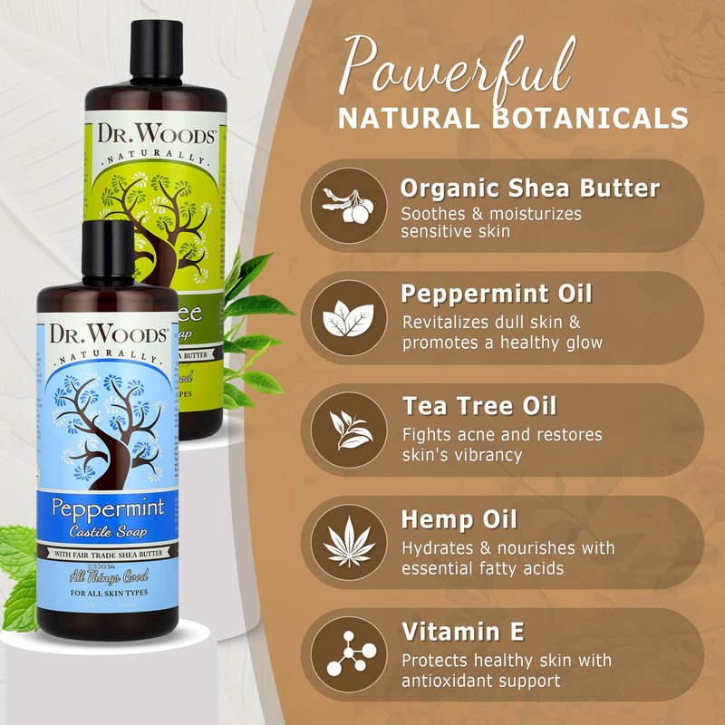 Dr. Woods Liquid Castile Soap - Pure Tea Tree Oil and Peppermint Soap, Body Wash for Men and Women, Contains Organic Shea Butter, Natural Cleaner for Face, Hands, and Body - 32 Fl Oz, Pack of 2