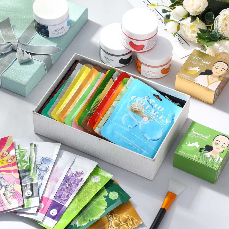Viozakanry 96 Pcs Face Mask Set Hydrating Clean Suitable for Sensitive Skin, Including 30 Peel-off Facial Masks, 4 Clay Masks, 60 Pairs of Under-eye Patches, a Mask Brush, and a Face-washing Headband