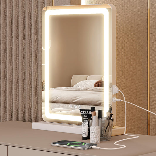 Sweetcrispy 18"x13" LED Vanity Mirror with Lights, Dimmable 3 Color Modes Makeup Mirror with Memory Function, USB Charging, Aluminum Frame, Lighted Mirrors for Desk, Bedroom, Living Room