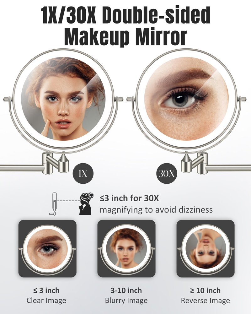 Wall Mounted Makeup Mirror with Light, 30X/1X 8'' Double Sided LED Magnifying Bathroom Lighted Vanity Mirror with Magnification, 3 Color Light up Touch Dimmable Extended Arm 360 Rotation