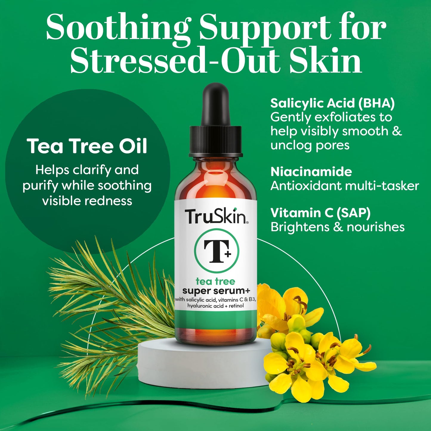 TruSkin Tea Tree Oil Acne Treatment Serum for Face - Salicylic Acid, Niacinamide, Vitamin C & Retinol - Clarifying Super Facial Serum for Acne-Prone Skin & Pores, 2 Oz