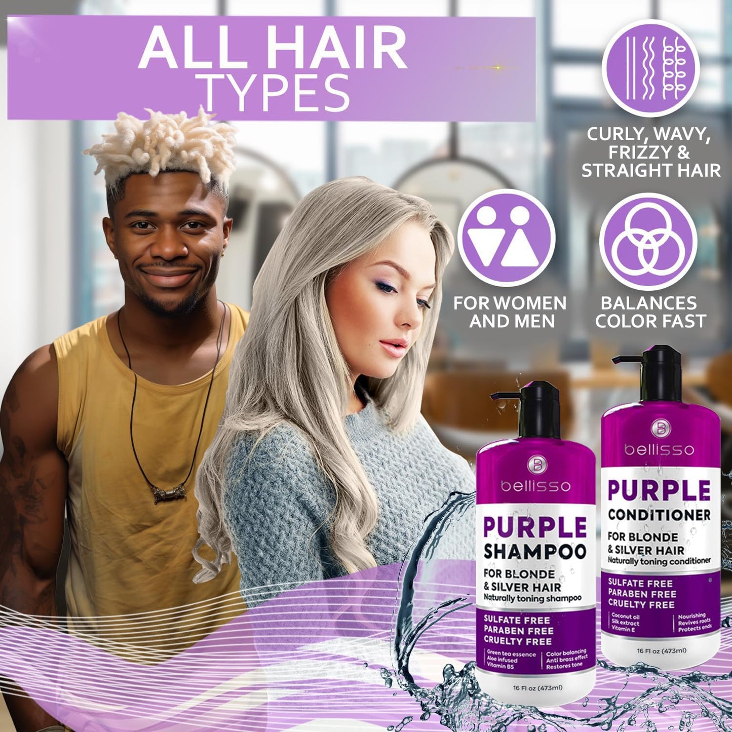 Purple Shampoo and Conditioner Set | Sulfate-Free Toner for Platinum Blonde, Silver & Grey Hair - 2 x 16 fl oz