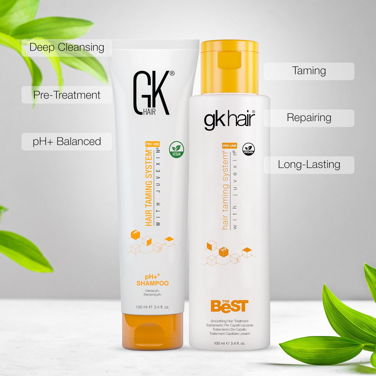 GK HAIR – Smoothing Keratin Treatment & pH Clarifying Shampoo Set 3.4 Oz – Frizz Control & Shine Enhancement System for Unruly, Strengthening Hair Healthy With Juvexin V2 Plant Protein & Aloe Vera