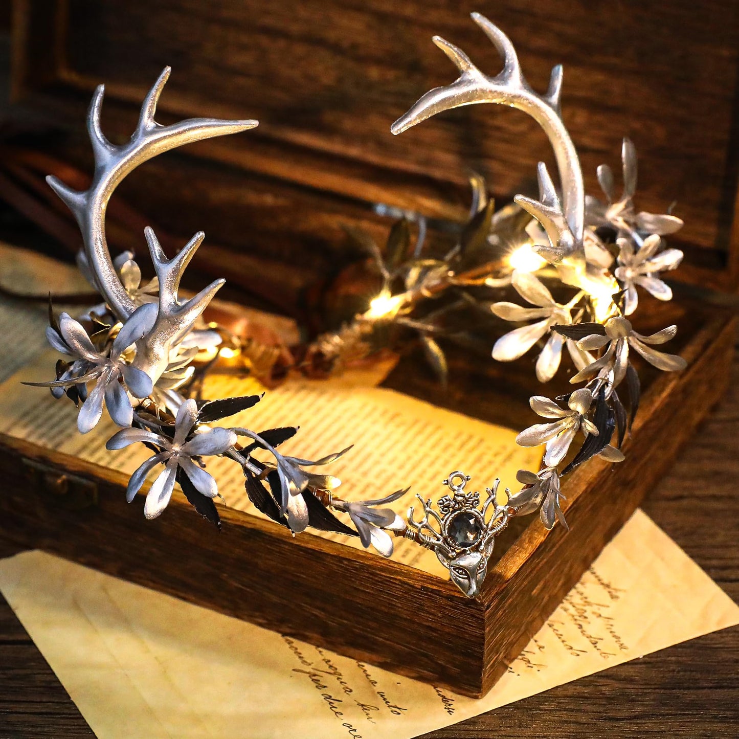 MOSTORY Light up Fairy Crown - Silver Antler Crown Flower Heapiece Elf Floral Circlet Woodland Headband for Women Halloween Outfit Renaissance Ren Faire Cosplay Photo Shoot