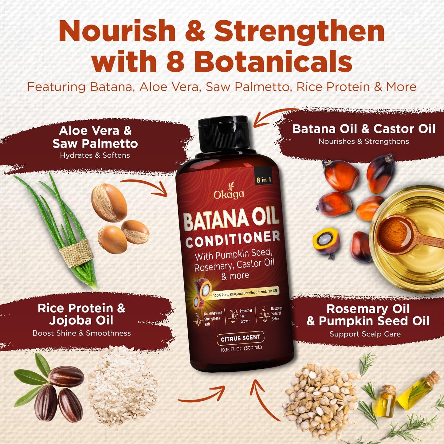 Batana Oil Conditioner for Hair Growth, Aloe Vera Leaf Juice, Biotin, Honduran Batana, Jojoba, Argan, Pumpkin Seed, Castor & Rosemary Oils, 8-in-1 Natural Formula (10.15 fl oz Citrus Scent)