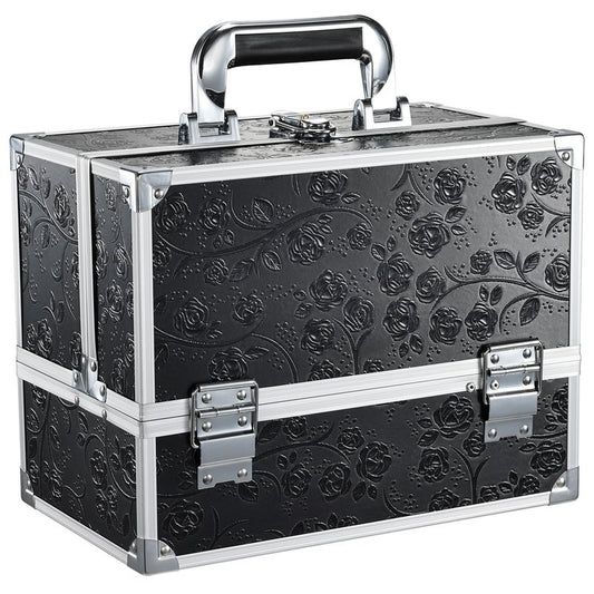FRENESSA Makeup Train Case Makeup Box 11.8 Inch Large Makeup Case Organizer 3 Trays with Mirror Locking Cosmetic Storage Box for Cosmetics Nail Supplies Sewing Travel Case Black Floral