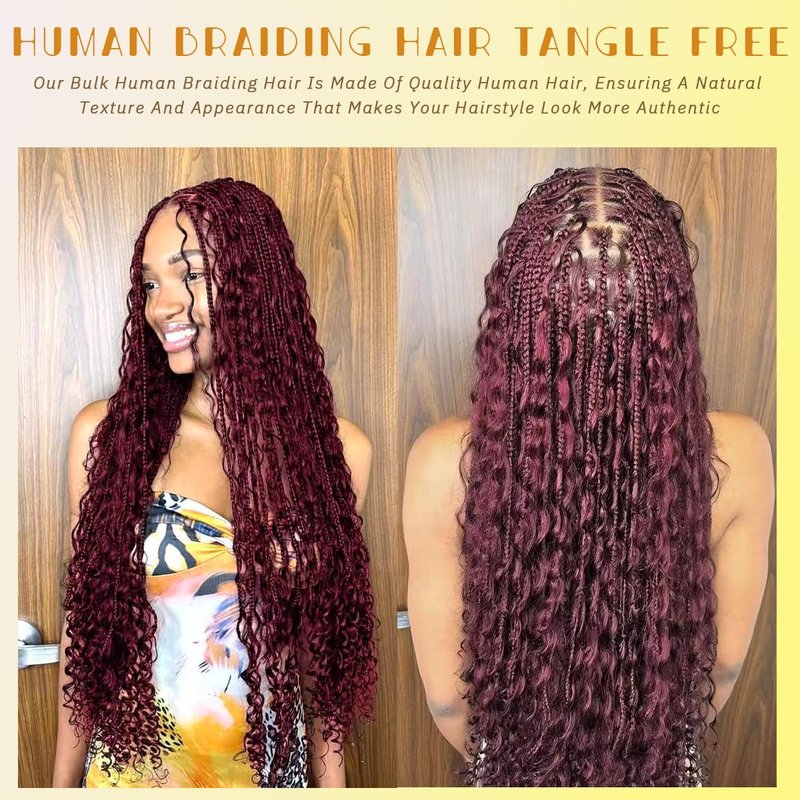 Human Braiding Hair for Boho Braids 18 Inch 110g 2 Bundles/Pack Deep Wave 12A Curly Brazilian Virgin Hair Extensions No Weft Knotless Bulk 1B Black (Deep Wave - 99j, 18 Inch - 110g)