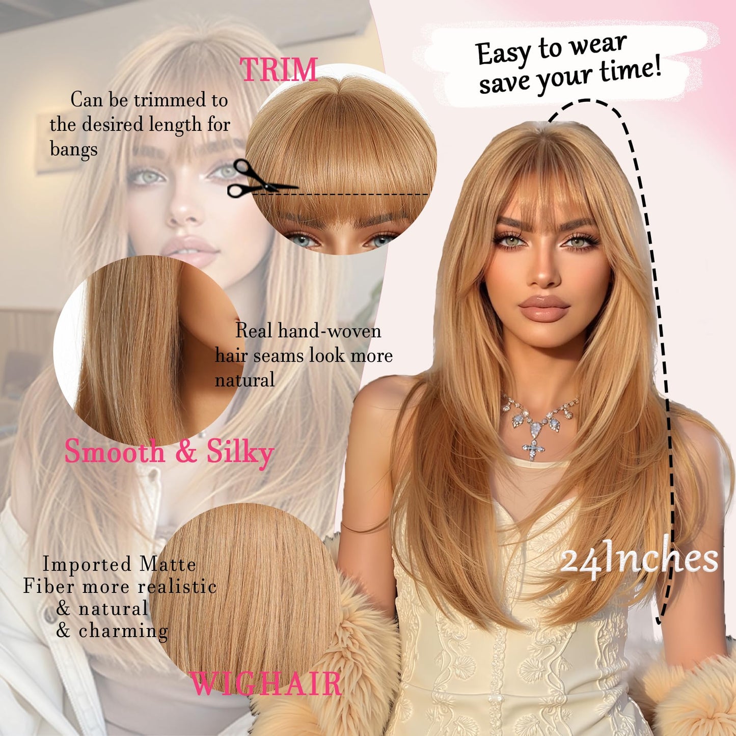 Lisook Strawberry Blonde Wig with Bangs Long Straight Wigs for White Women Layered Wig Synthetic Natural Hair Wigs for Women Hair Replacement Wig Realistic for Cosplay Holiday Daily Party Use 24 Inch