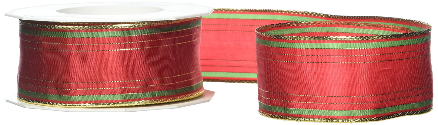 Prasent 40 mm 20 m Chamonix Wired Striped Decor Taffeta with Golden Edges, Red/Green