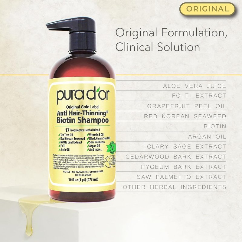 PURA D'OR Anti-Thinning Biotin Shampoo & Conditioner Set - Herbal Blend for Thicker Hair | 16oz x2