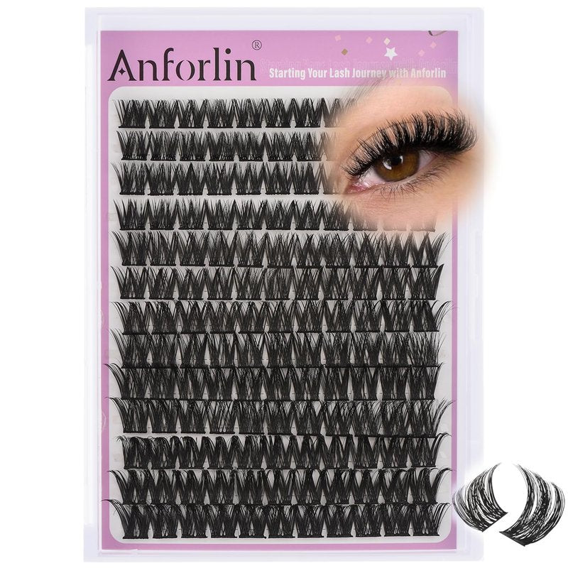 Lash Clusters 8-16mm Wispy Cluster Eyelash Extensions 143 PCS D Curly Volume Lash Clusters Wide Band Individual Lashes False Eyelashes DIY at Home Beginner Friendly, by Anforlin