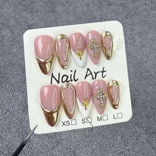 Handmade Fake Nails Medium Almond Press on Nails Rhinestones 3D Gold Curve Line False Nail French with Cross Designs Glossy Glue on Nail DIY for Women Manicure Art (Size S)