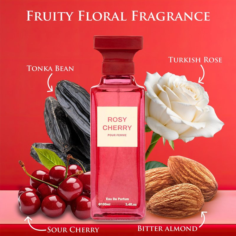 Rosy Cherry for Women - Fruity Floral Fragrance - Top Notes of Cherry & Bitter Almond - Base Scents of Vanilla, Cinnamon, Sandalwood, Cedar, Patchouli & Vetiver - Elegant 100ml Bottle, Women Parfumes