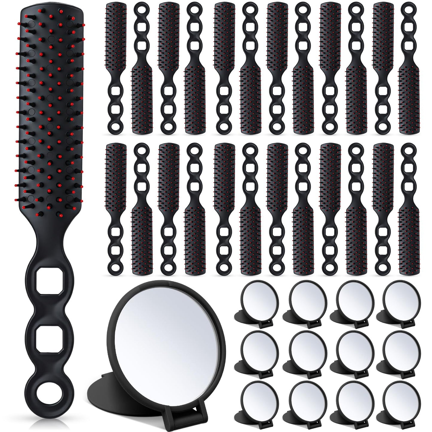 Ferrochef 48 Pcs Hair Brushes and Folding Mirrors Set for Homeless Include Bulk Mini Hair Combs and Mini Portable Round Pocket Makeup Compact Mirror Spa Party Gift for Women for Purse Travel (Black)