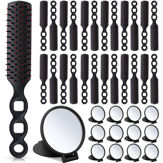 Ferrochef 48 Pcs Hair Brushes and Folding Mirrors Set for Homeless Include Bulk Mini Hair Combs and Mini Portable Round Pocket Makeup Compact Mirror Spa Party Gift for Women for Purse Travel (Black)