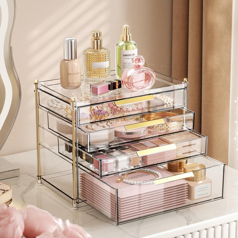 Aveniee 4 Drawers Makeup Organizer- Bathroom Counter Organizers and Storage, Plastic Bins Versatile Perfume Vanity Desk Organization for Cosmetic, Skincare, Face Mask, Jewelry, Clear