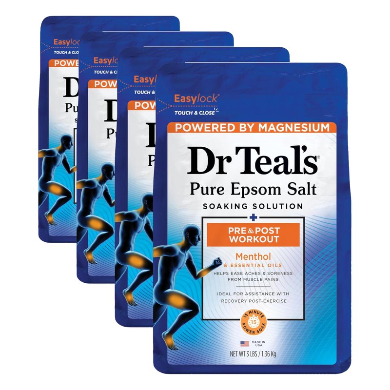 Dr Teal's Epsom Salt Magnesium Soak, Pre & Post Workout with Menthol & Essential Oils, 3 lbs (Pack of 4)