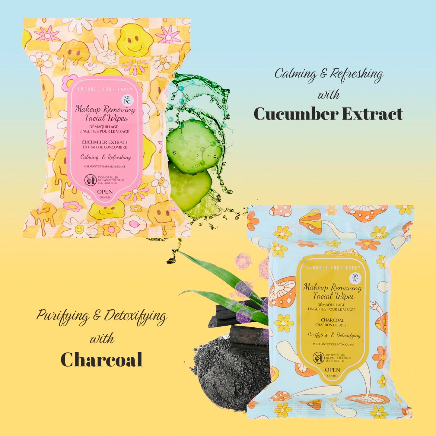 120pc Makeup Removal Wipes Variety Set | 4-Pack Groovy Botanical Makeup Remover Facial Cleansing Towelettes with Charcoal, Tea Tree, Cucumber, & Aloe Vera