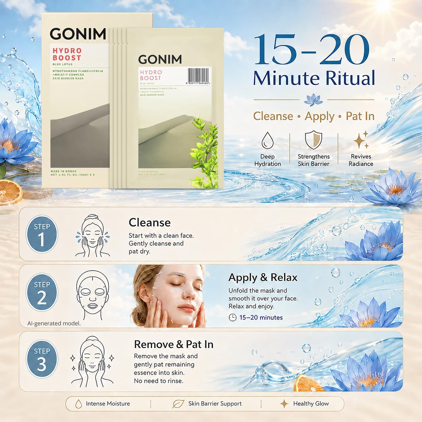 GONIM Korean Face Mask, Hydrating Face Mask with Hyaluronic Acid, Vitamin C