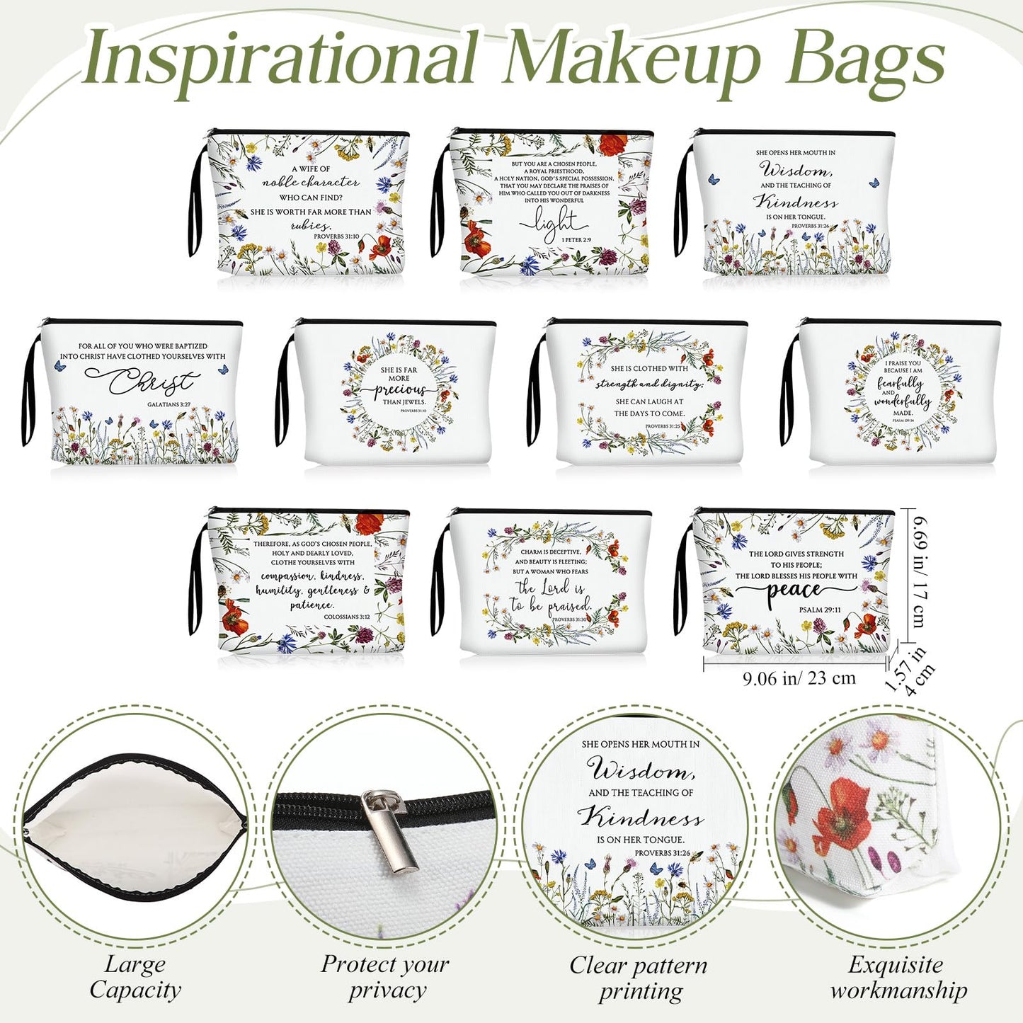 Talltalk 20 Pcs Christian Makeup Bags 10 Styles Bible Cosmetic Bags Bulk Bible Cover Floral Makeup Bag with Handle Inspirational Christian Religious Gifts for Women Godmother Church VBS Gifts