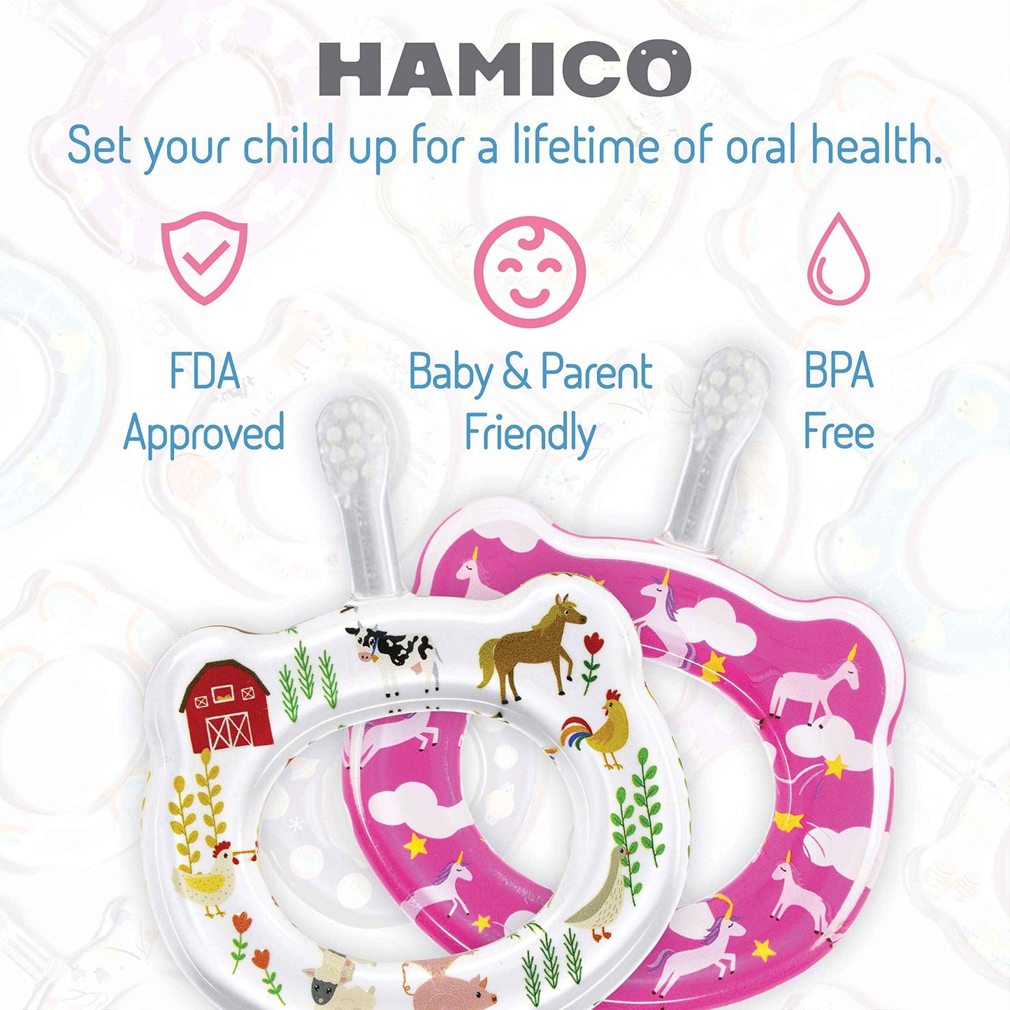 HAMICO Baby Toothbrush Gentle, Extra- Soft Bristles for Baby’s First Toothbrush | Easy Grasp-No Overreach Infant Toothbrush | BPA Free | 2-Pack: Unicorns & Farm Animals