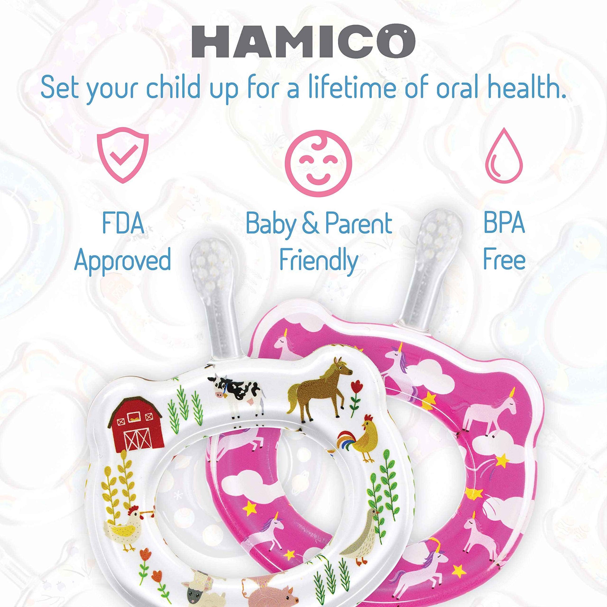 HAMICO Baby Toothbrush Gentle, Extra- Soft Bristles for Baby’s First Toothbrush | Easy Grasp-No Overreach Infant Toothbrush | BPA Free | 2-Pack: Unicorns & Farm Animals