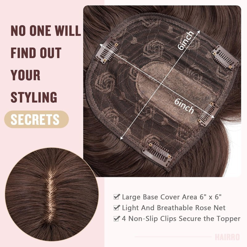 Hairro 18 Inch Long Hair Toppers Wavy with Side Bangs for Women, Clips In Synthetic Hairpieces Capless, for Adding Volume/Birthday/Party/Halloween/Cosplay Dress Up, Dark Brown