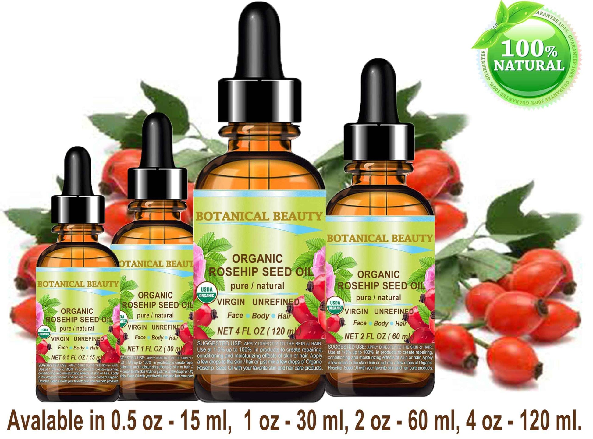 Botanical Beauty Organic ROSEHIP SEED OIL 100% Pure Natural Virgin Unrefined Cold-pressed Carrier Oil 1 Fl Oz 30 ml For Face, Skin, Body, Hair, Lip, Nails, Rich in vitamin C, Vitamin E, Anti-Aging