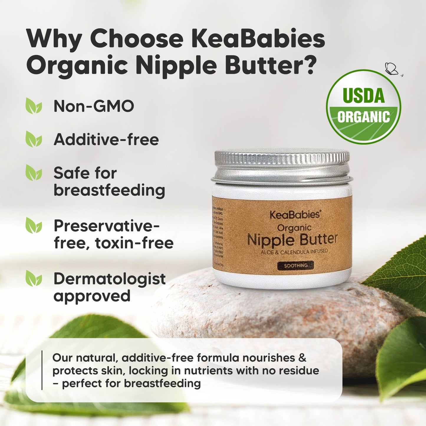 Organic Nipple Butter for Cracked, Sore, Relief - Nursing Nipple Cream Safe for Breastfeeding, 100% Natural Clean Breast Cream, Non Lanolin Balm, Mom Postpartum Breastfeeding Essentials,2oz (Soothing)