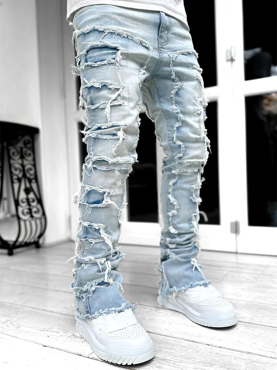 Men's Ripped Distressed Slim Fit Denim Jeans - Straight Leg Style | Cool Casual Look