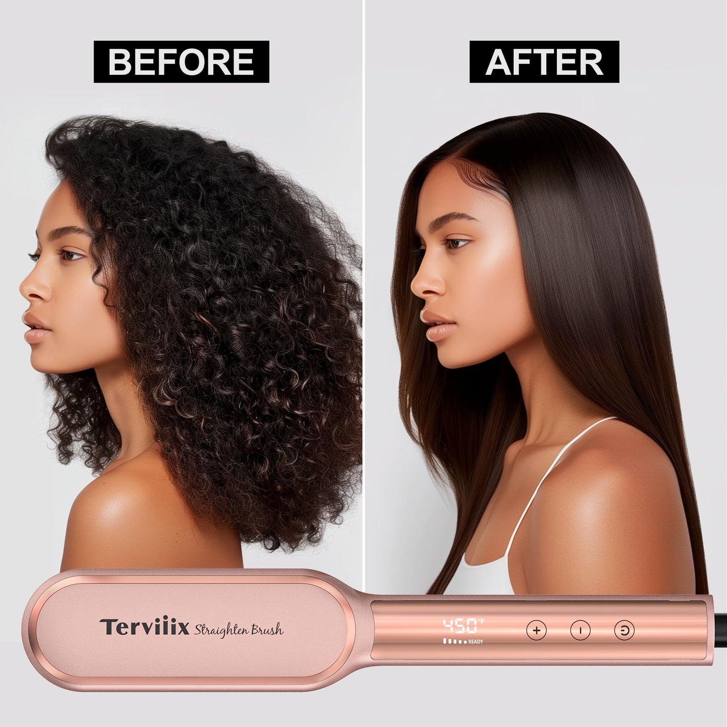 Terviiix Hair Straightener Brush Rose Gold - Ionic Anti-Frizz Hair Straightening Comb with MCH Heater, 13 Heat Settings, Fast Heating 20S, Dual Voltage, for Smooth & Shiny Hair