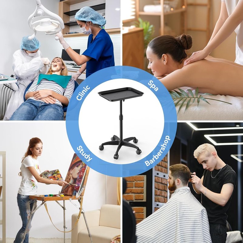 Adjustable Height Salon Rolling Tray Cart - Aluminum Hairstylist Color Tattoo Tray with Wheels | 36 Inch