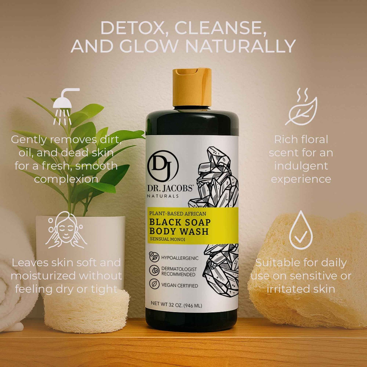 Dr Jacobs Naturals Authentic African Black Liquid Soap with Sensual Monoi Scent | All-In-One Face Wash, Sensitive Skin Body Wash, Shampoo, Shaving Soap | Moisturizing and Nourishing Formula | 16oz 2pk