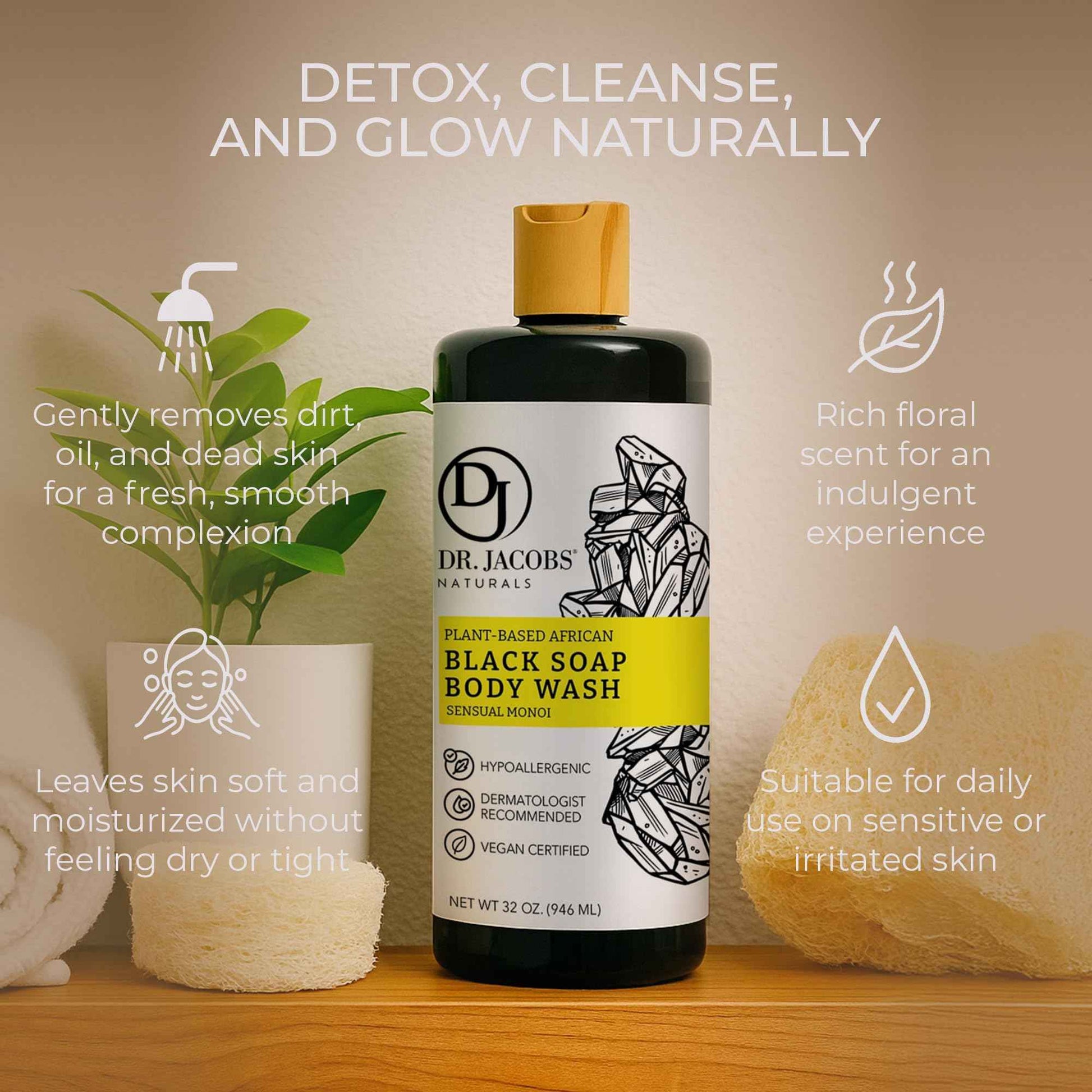 Dr Jacobs Naturals Authentic African Black Liquid Soap with Sensual Monoi Scent | All-In-One Face Wash, Sensitive Skin Body Wash, Shampoo, Shaving Soap | Moisturizing and Nourishing Formula | 16oz 2pk