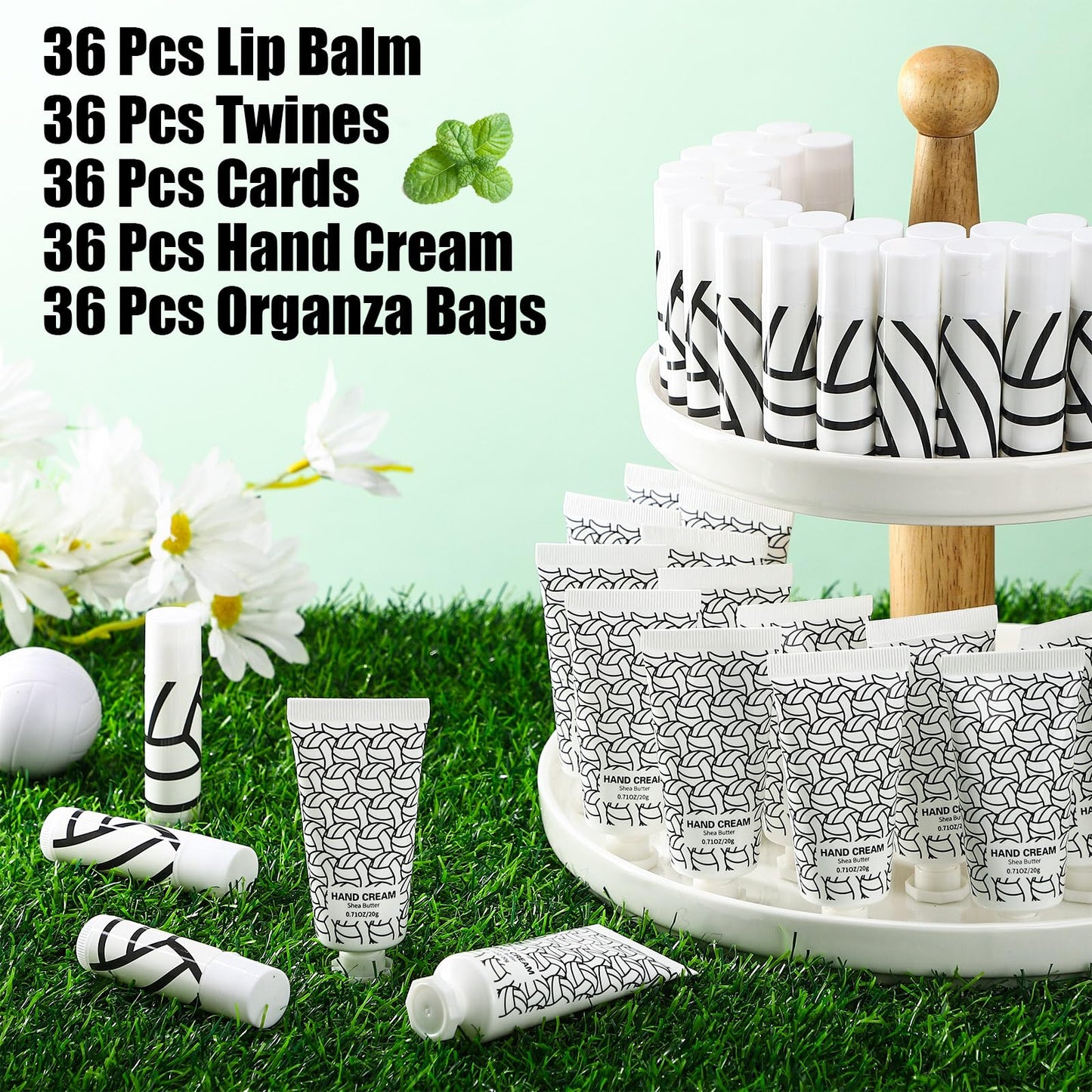 Heigble 144 Pcs Lip Balm Hand Cream Set Party Favors, Include 36 Lip Balm 36 Moisturizing Hand Cream 36 Bags 36 Cards and Ropes for Accessories Gifts(Black and White,Volleyball)