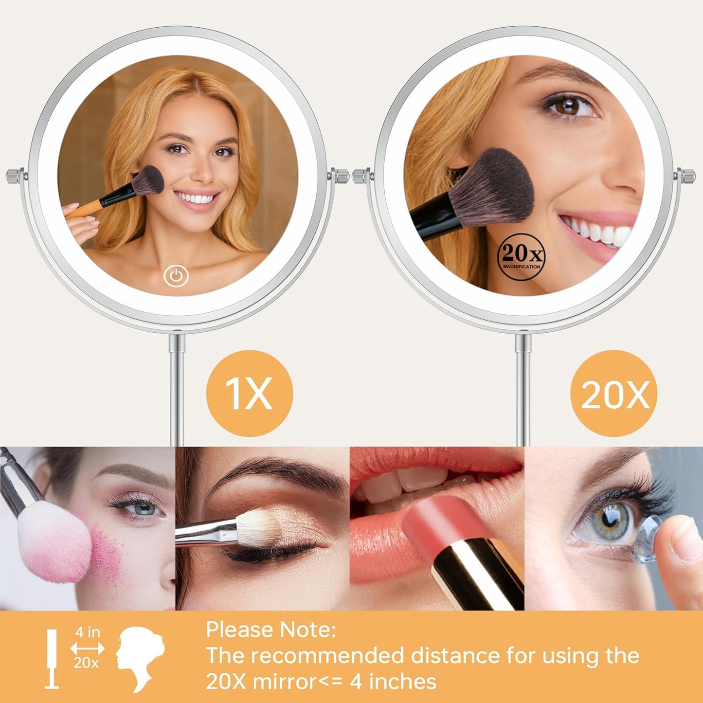 Lighted Makeup Mirror - Height-Adjustable 1X/20X Magnification | 360° Swivel, Dimmable 3 Color Options, Perfect Gift for Women