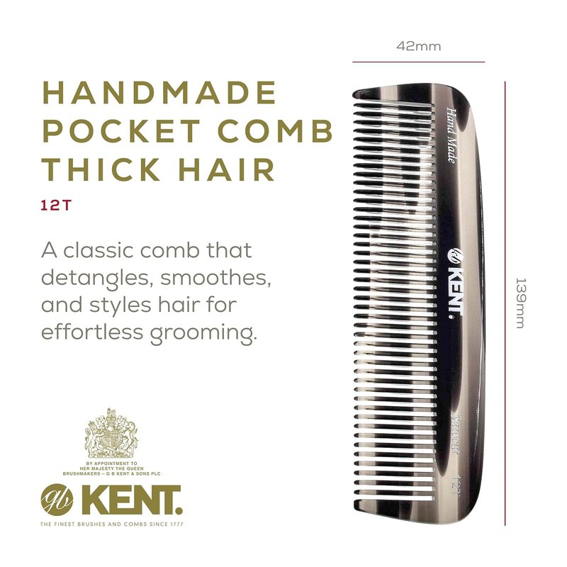 Kent 12T Wide Tooth Detangling Comb - Handmade Comb for Thick, Curly Hair | Large Tooth Grooming Tool
