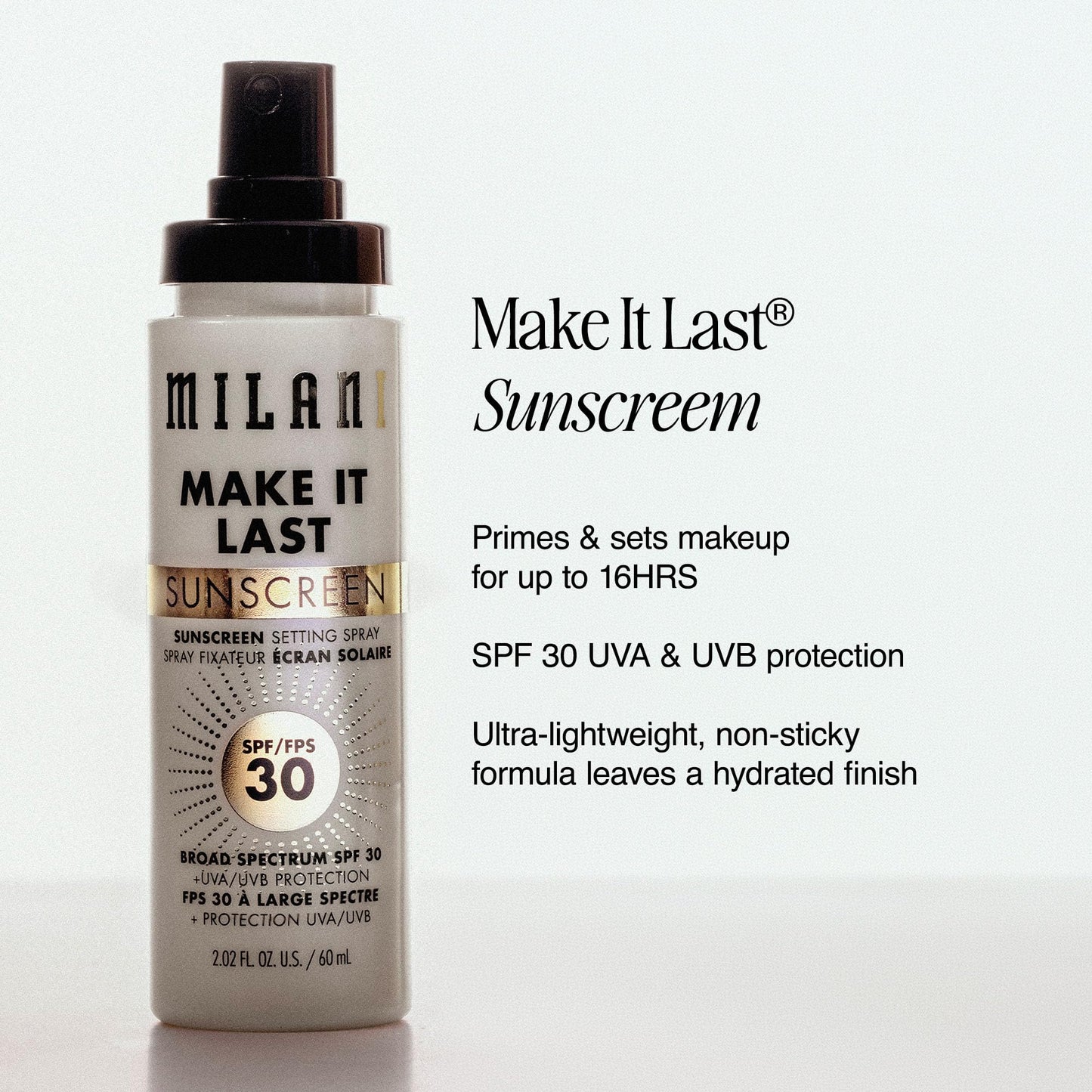 Milani Sunscreen Setting Spray + Primer, Make It Last Sunscreen for Face- SPF 30 UVA & UVB Protection Antioxidant Rich Formula for Broad Spectrum Protection, Prime + Set + Protect, 2.02Fl. Oz - 2 Pack