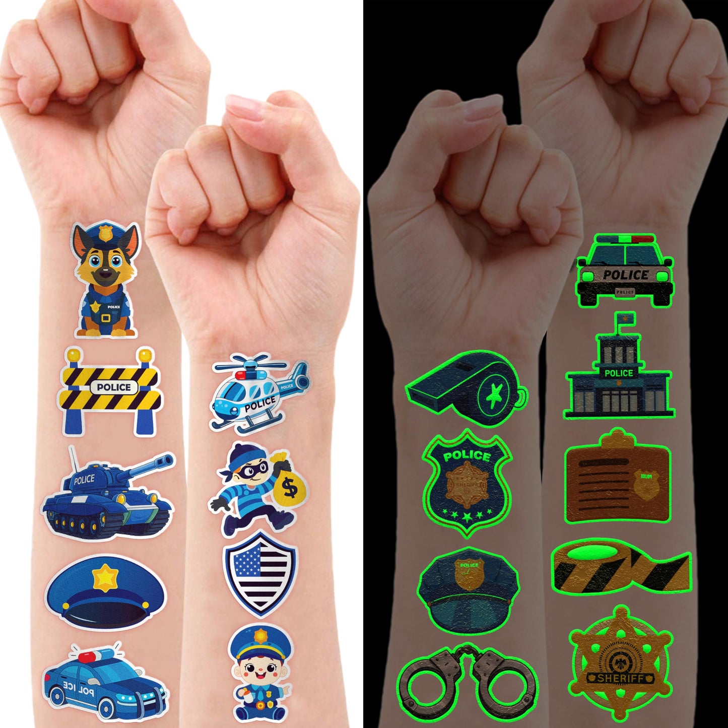 96 PCS Police Car Police Officer Policeman Pre-Cut Luminous Glow in the dark Temporary Tattoos for Kids | Super Cute Theme Birthday Party Favors Supplies Decorations, Fake Tattoos Gifts for Boys Girls