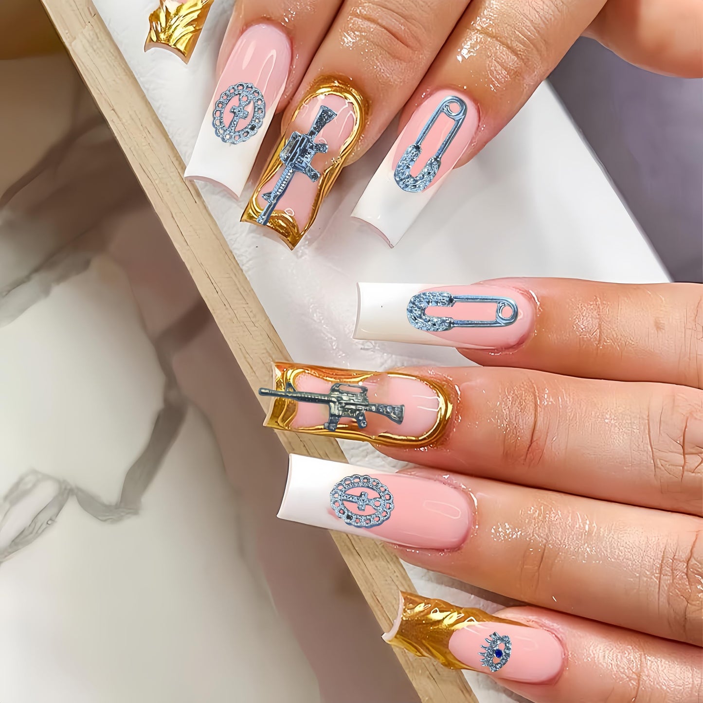 60 Pcs Durable Metal Alloy Charms for Guns, Crowns, Safety Pins - Diverse Styles with Gold, Silver & Rhinestone Details, Perfect for Christmas Gifts Nail Art Decorations