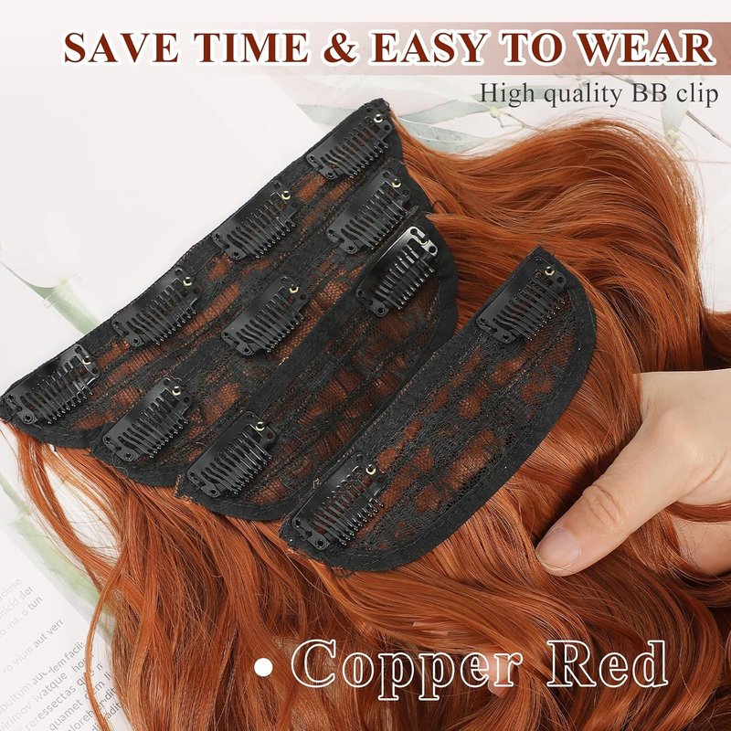 Long Wavy Hair Extensions - 4PCS Copper Red Curly Synthetic Thick Hairpieces | 20 Inch Double Weft Full Head