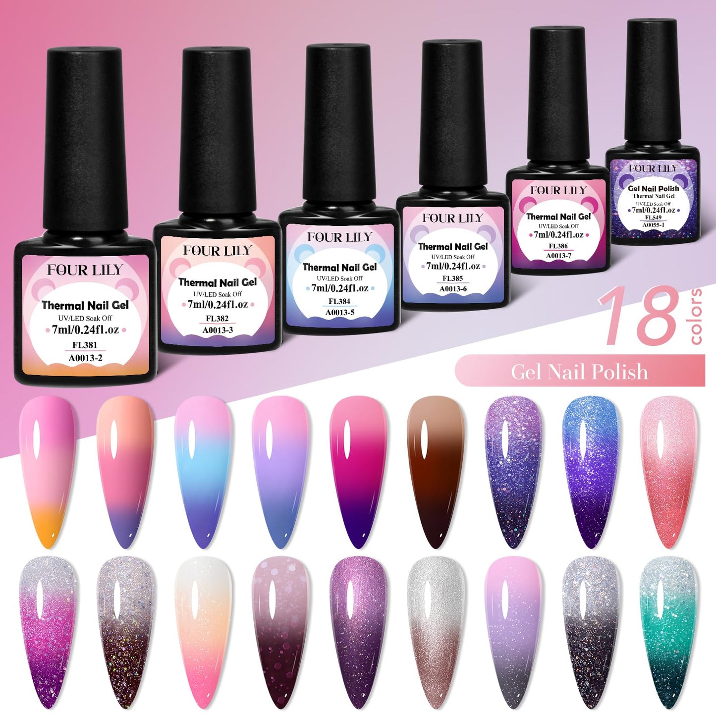 Four Lily Color Changing Gel Nail Polish Set, 18 Temperature Mood Changing Colors Red Pink Purple, Soak Off UV Light Cure Gel Polish for Salon and Nail Art DIY at Home