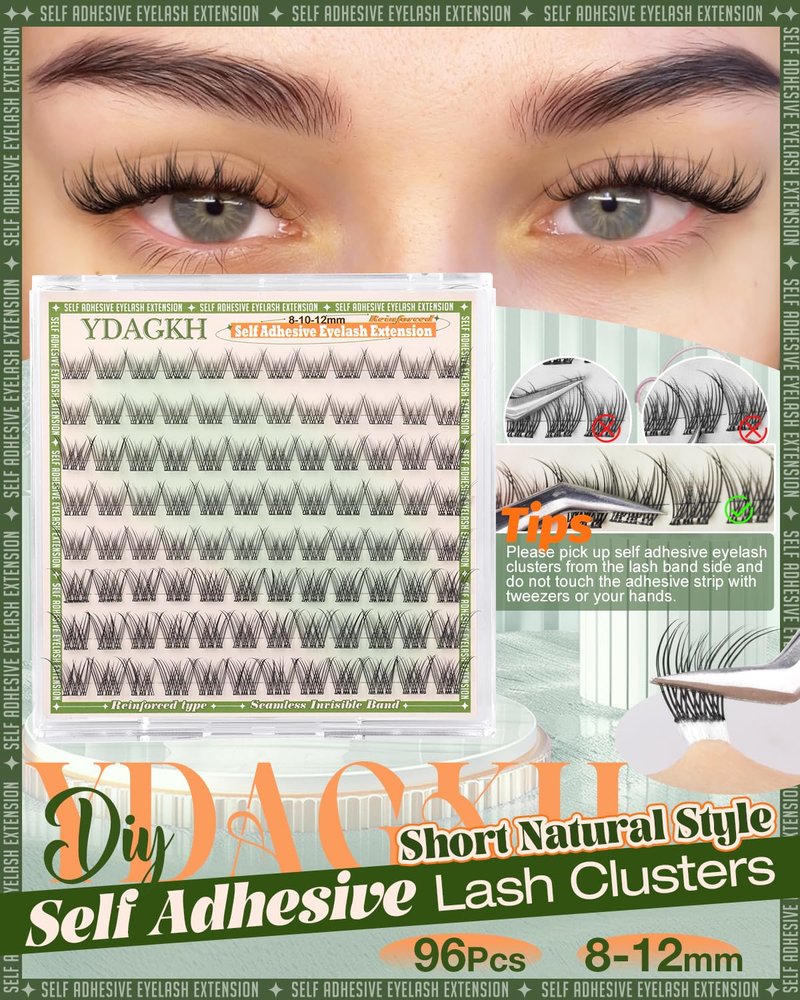 Short Self Adhesive Lash Clusters 8-10-12mm Natural Self Adhesive Eyelashes Pre Glued Individual Cluster Eyelash Extension Ultra-Thin Band Glueless Lashes Wispy No Glue Needed for Clean Beauty